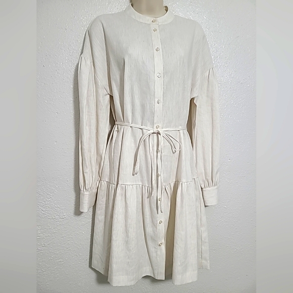 Alex Marie Long Sleeve Striped Fit & Flare Dress Button Up Stand Collar Beige 4 - Picture 4 of 10